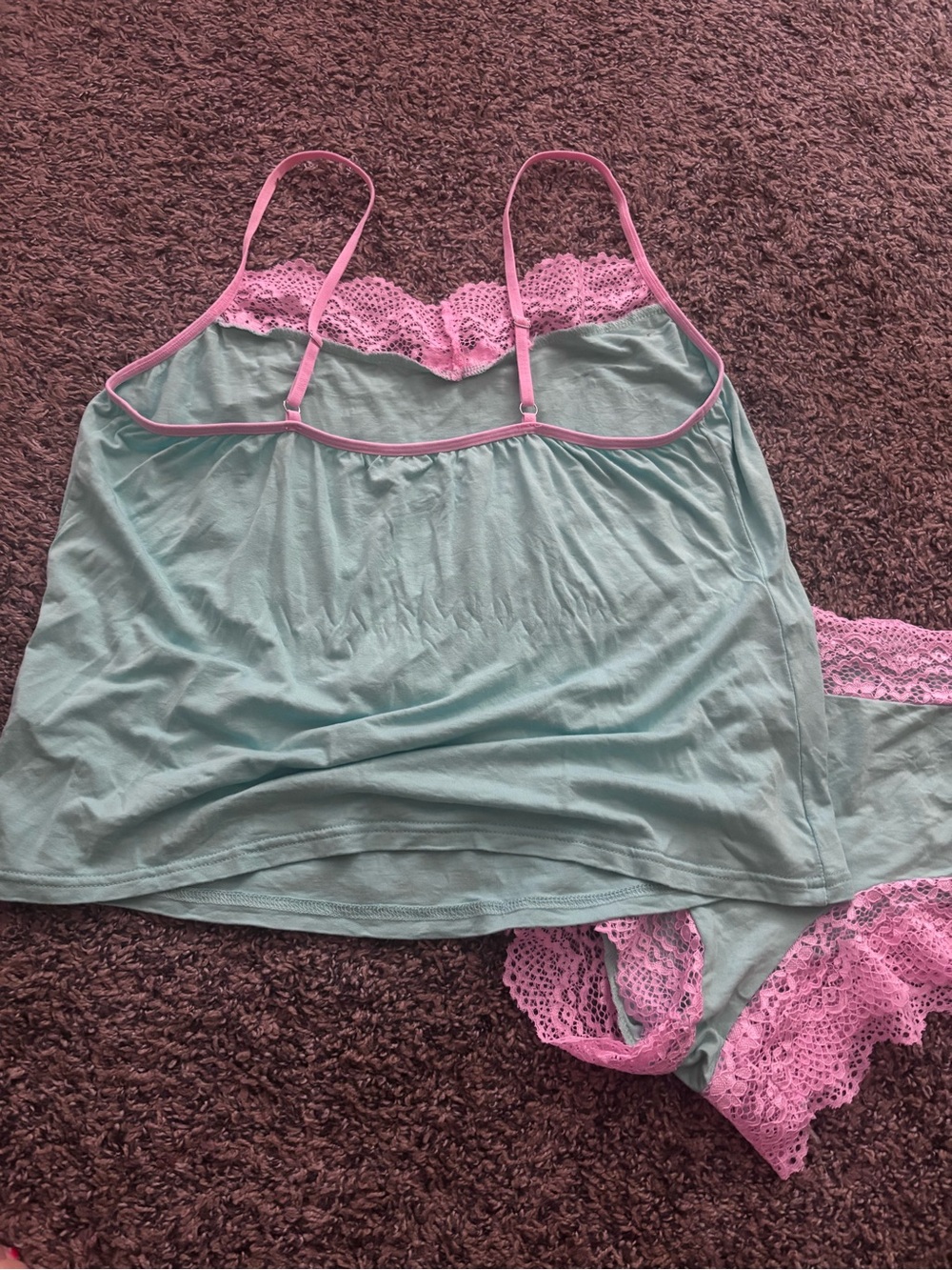 Soft Lace Trim Camisole & Brief Set - Mint with Pink Trim